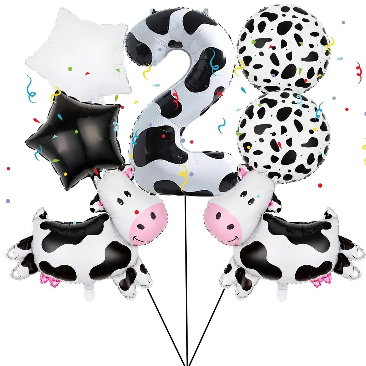 A set of cow print number balloons including the number 2 and various cow-themed balloons.