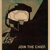 A vintage UNSC poster featuring a stylized Spartan helmet silhouette and the text Join the Chief Join the Fight.