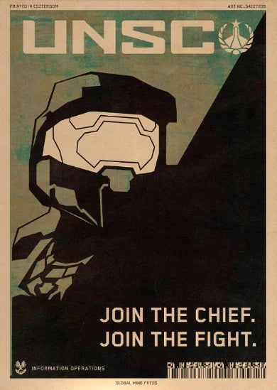 A vintage UNSC poster featuring a stylized Spartan helmet silhouette and the text Join the Chief Join the Fight.