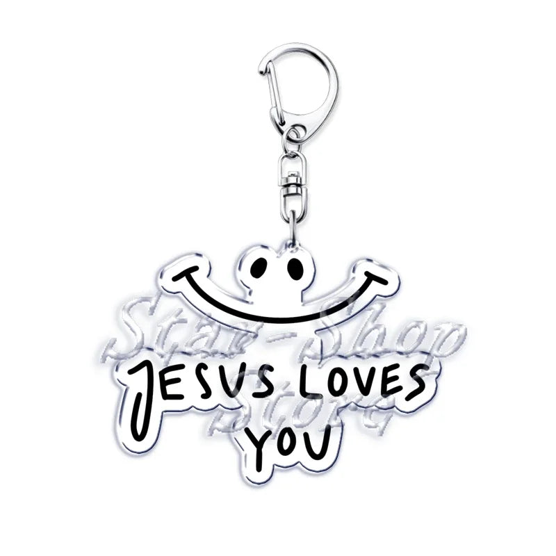 Silber-Acryl-Anhänger mit lächelndem Jesus und dem Text: Jesus liebt dich