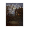 Peinture de paysage sombre représentant une grande maison partiellement cachée par des arbres sous un ciel nuageux.
