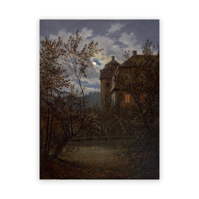 Peinture de paysage sombre représentant une grande maison partiellement cachée par des arbres sous un ciel nuageux.