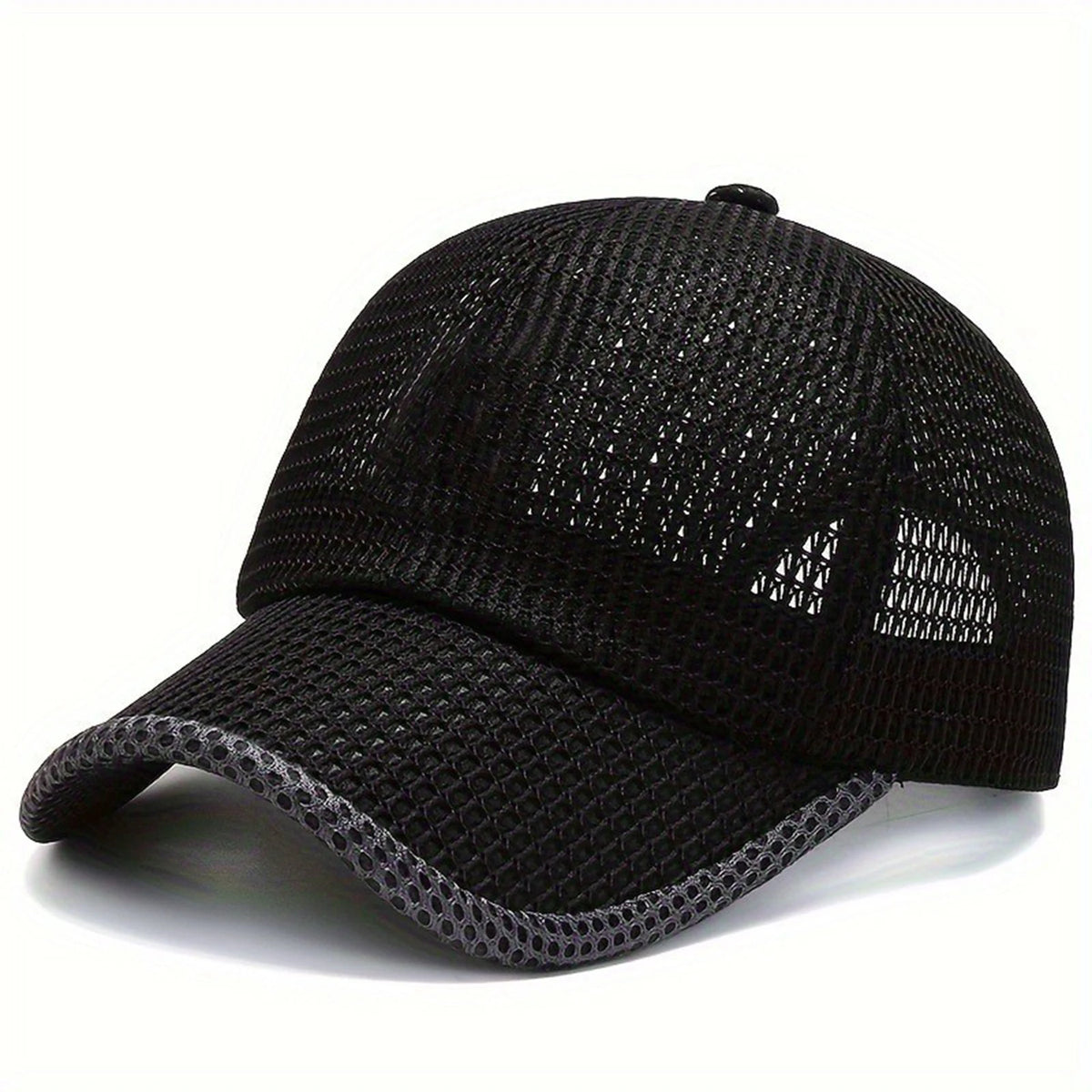 Black breathable mesh baseball cap shown from above with a curved brim.