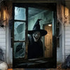 A spooky Halloween window banner featuring a grinning witch face peering through a distressed glass pane.