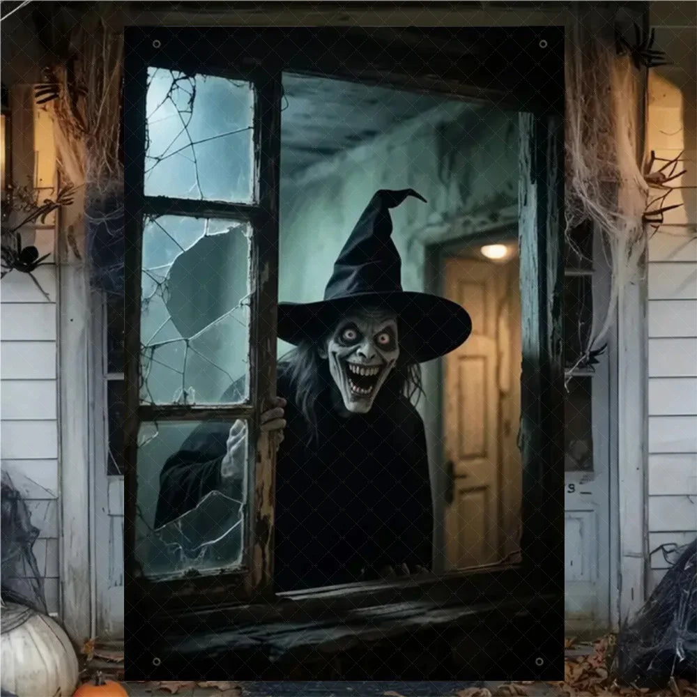 A spooky Halloween window banner featuring a grinning witch face peering through a distressed glass pane.