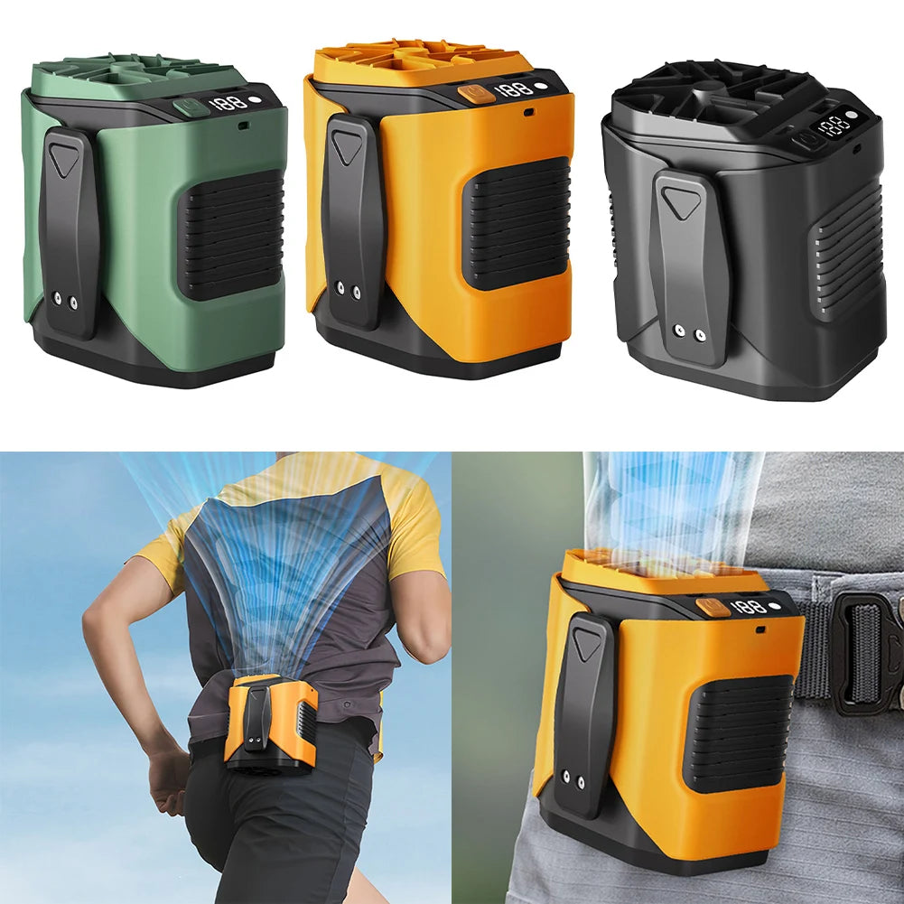 Portable rechargeable waist fan in green, yellow, and black colors shown in various forms.