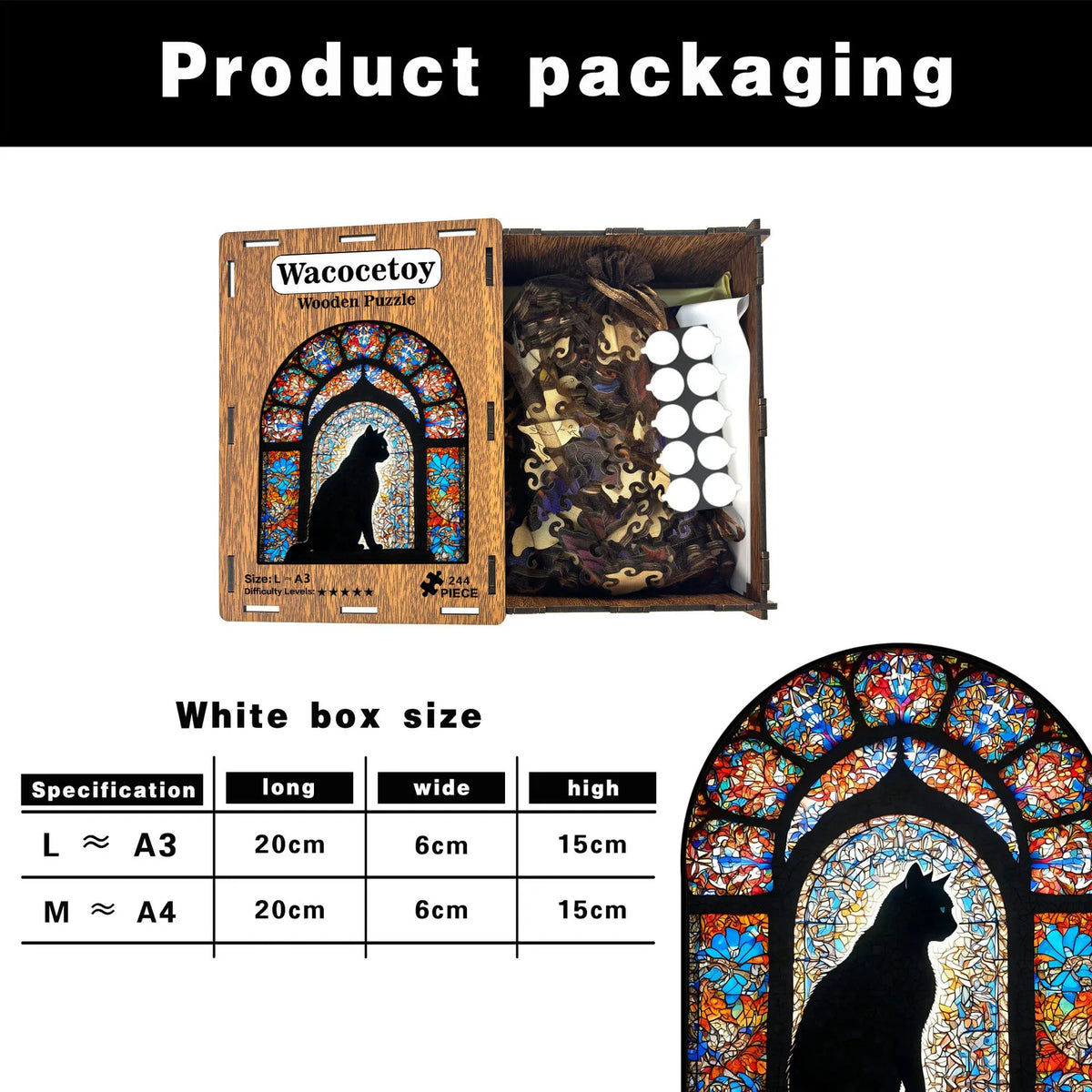Packaging for a cat-shaped wooden jigsaw puzzle showing the box size specifications and an example of the puzzle design.