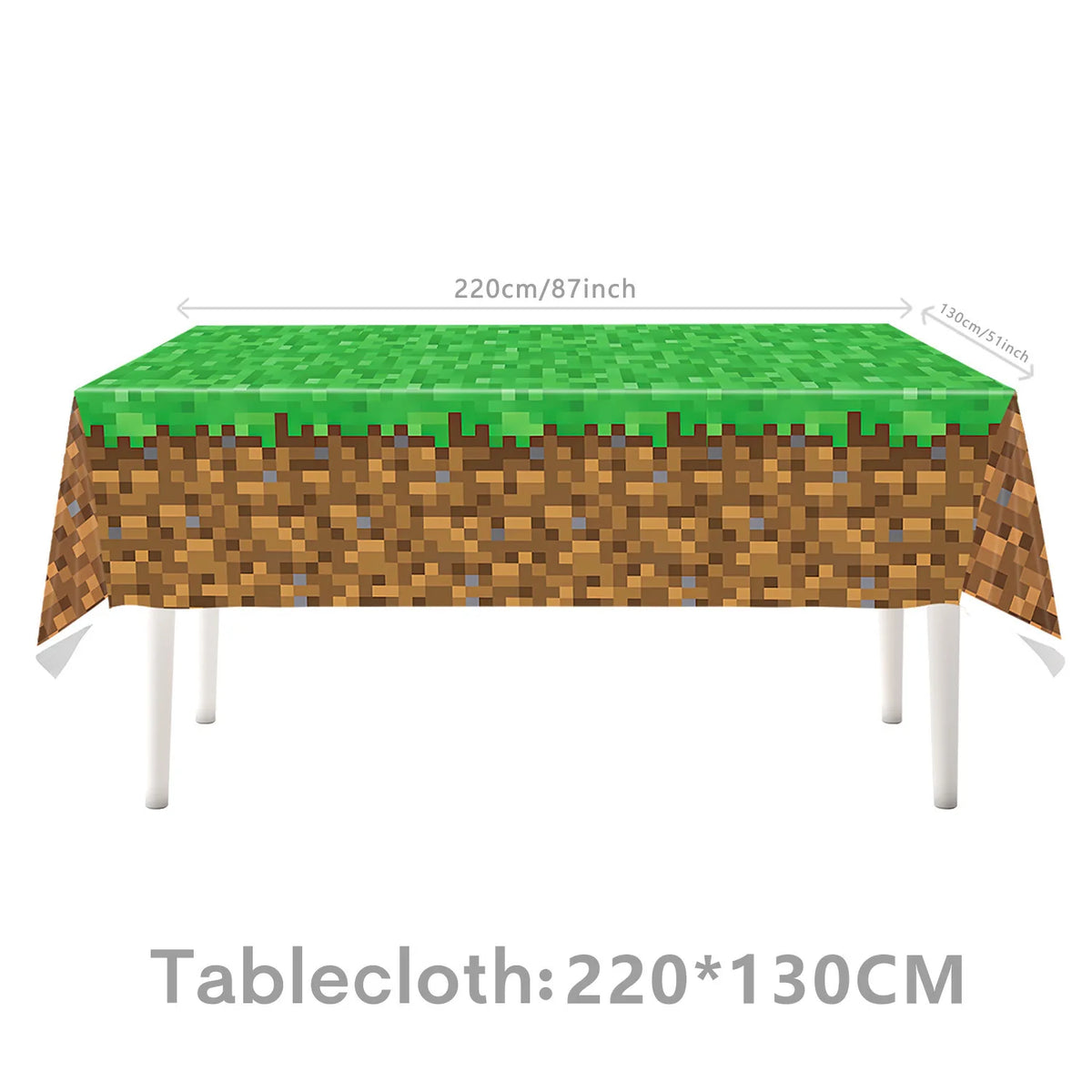 A green Minecraft-themed tablecloth measuring 220x130cm displayed on a white stand.