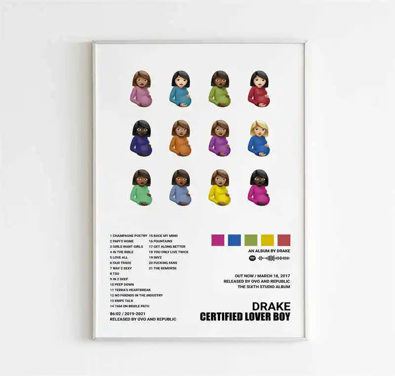 A poster featuring illustrations of Drake's album art and related imagery for hip hop wall decor.