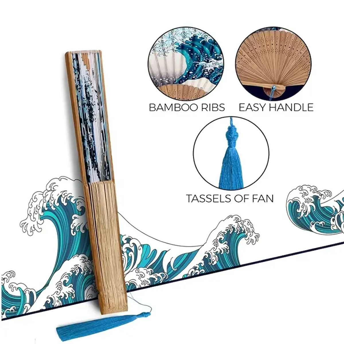 Japanese foldable hand fan featuring a Kanagawa wave design with bamboo ribs and tassels