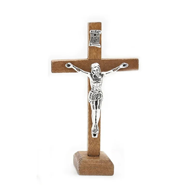 Handcrafted wooden crucifix with a corpus mounted on a cross and stand