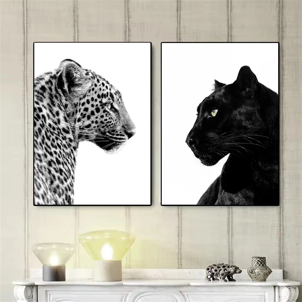 Black and White Leopard and Panther Canvas Wall Art Set