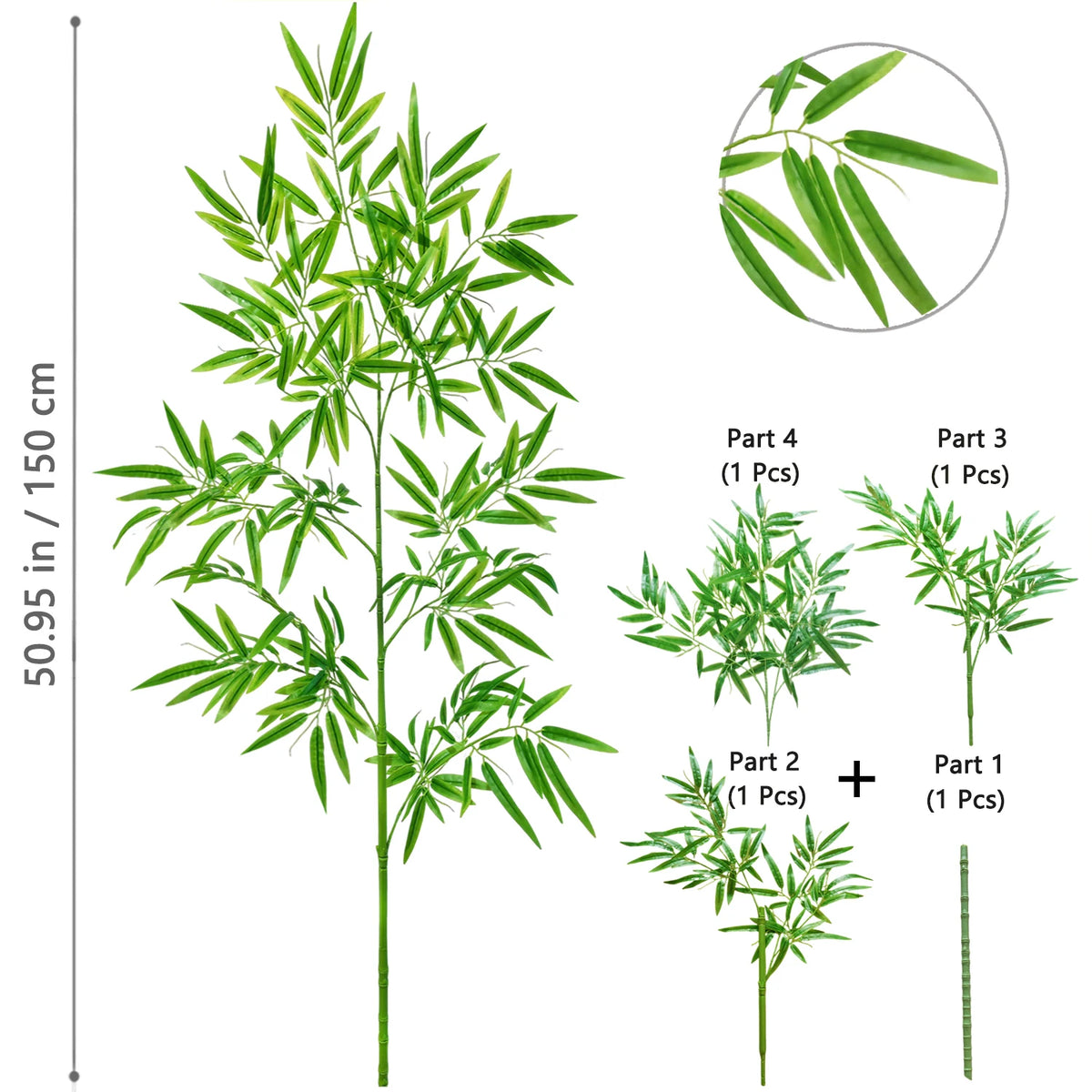 Illustration of an artificial bamboo branch with green leaves shown in various parts and a full plant view.