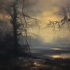 A misty, atmospheric painting of bare trees silhouetted against a bright, hazy sky.