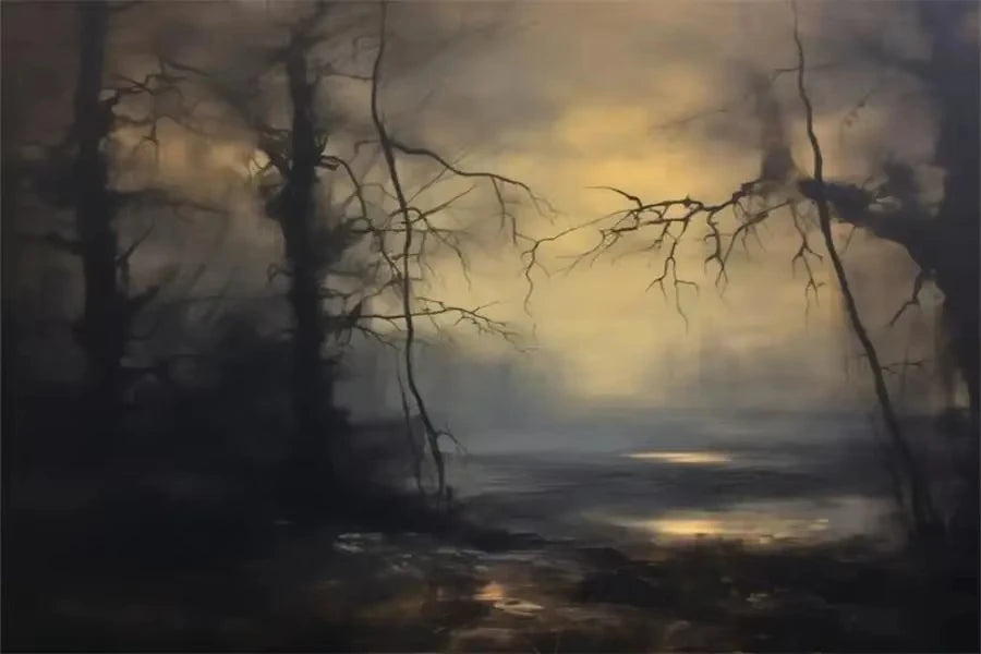A misty, atmospheric painting of bare trees silhouetted against a bright, hazy sky.