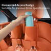 A hand places a light blue water bottle into a compartment of an orange car seat back organizer.