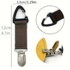 A portable straw hat clip shown in various views, including a close-up of the clip mechanism and the strap.