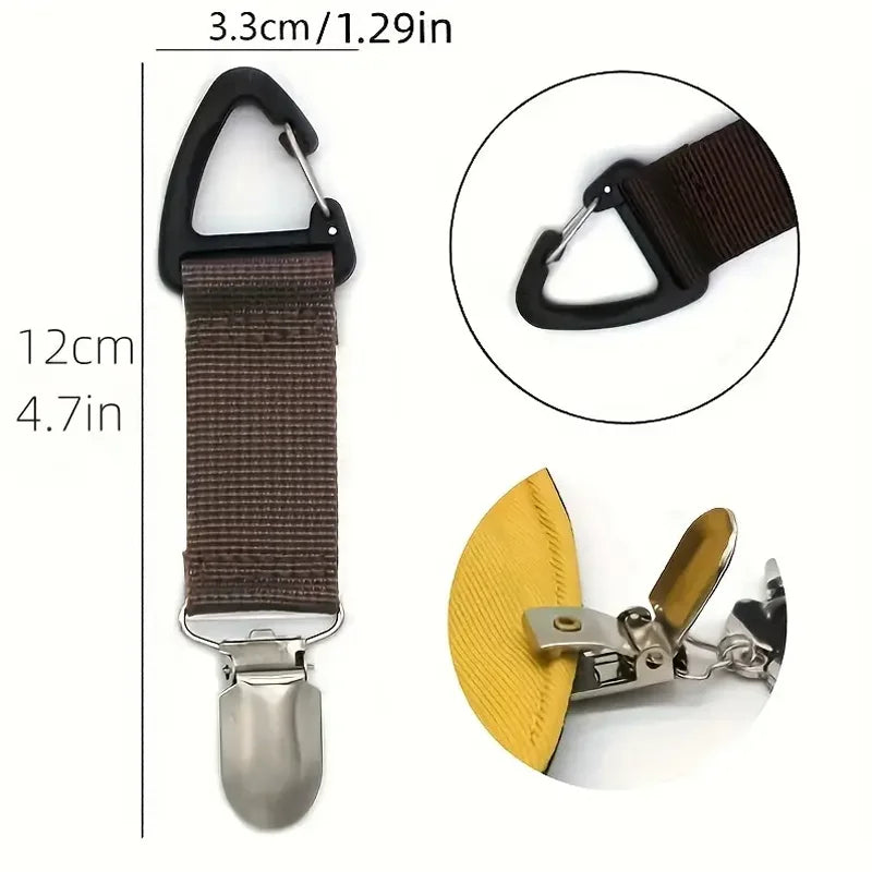 A portable straw hat clip shown in various views, including a close-up of the clip mechanism and the strap.
