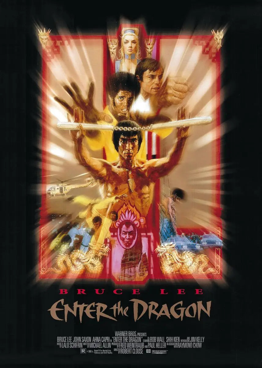 Movie poster for Bruce Lee's Enter the Dragon featuring a striking image of the actor.