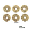 A set of 100 antique Chinese Feng Shui coins for wealth and good fortune, round brass-colored coins.