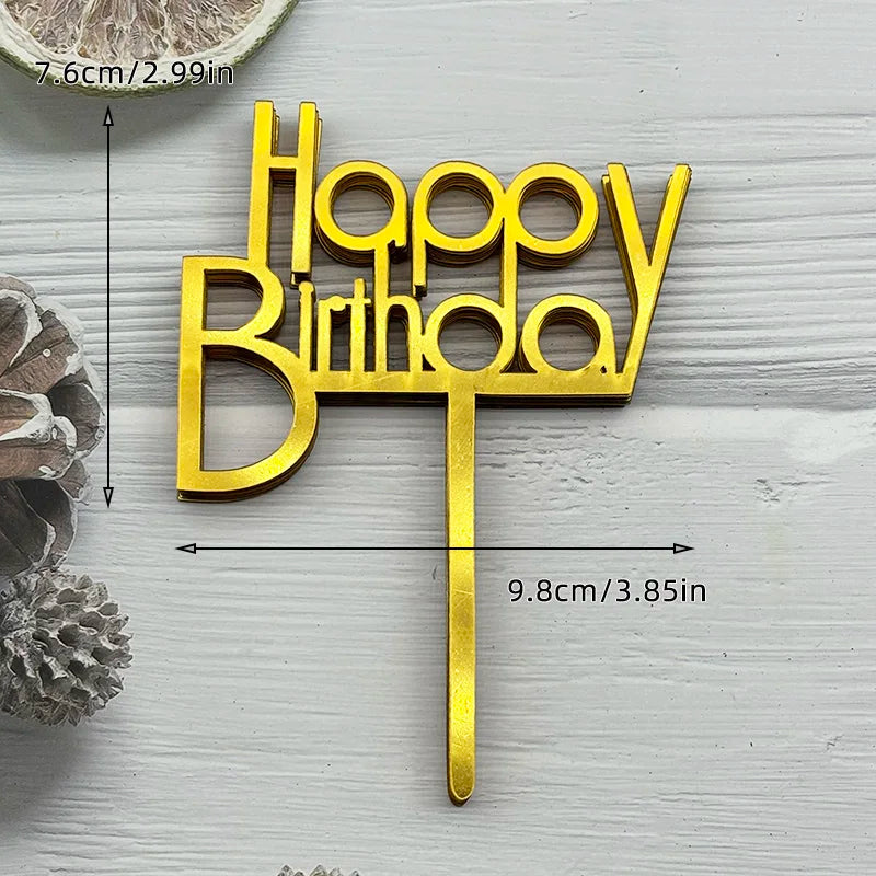 Gold acrylic birthday cake topper set spelling out Happy Birthday on a stick