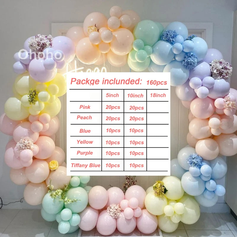 A colorful balloon garland featuring pastel pink, yellow, blue, and purple balloons arranged in an arc.