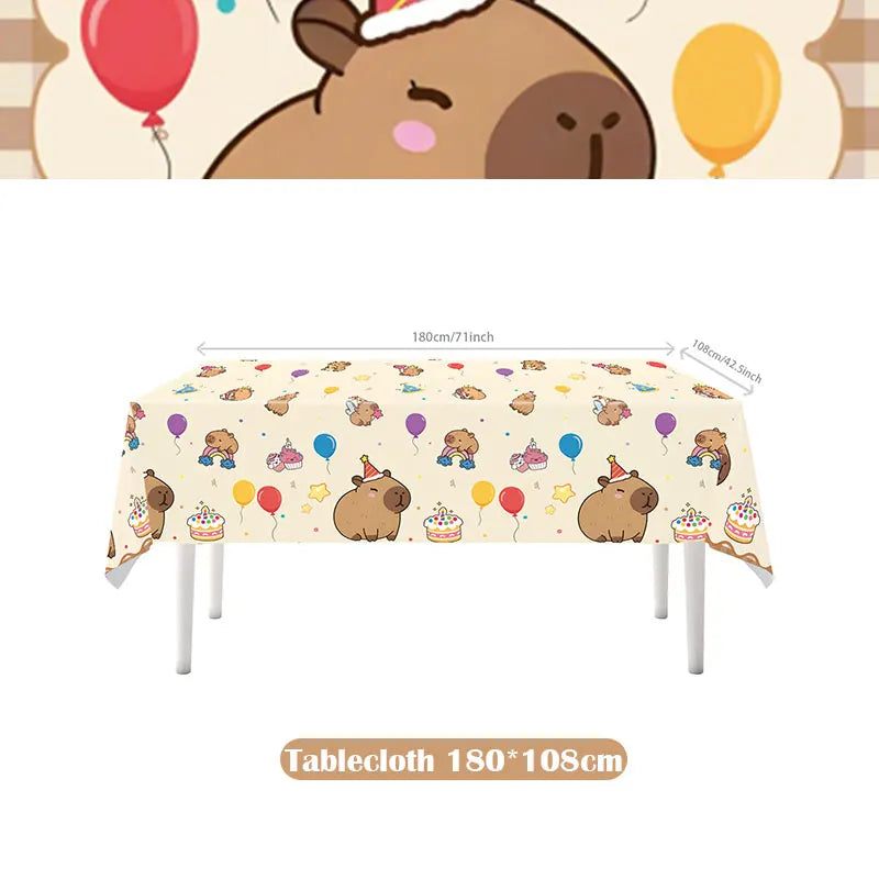 Tablecloth featuring a cute brown capybara character design for a birthday party