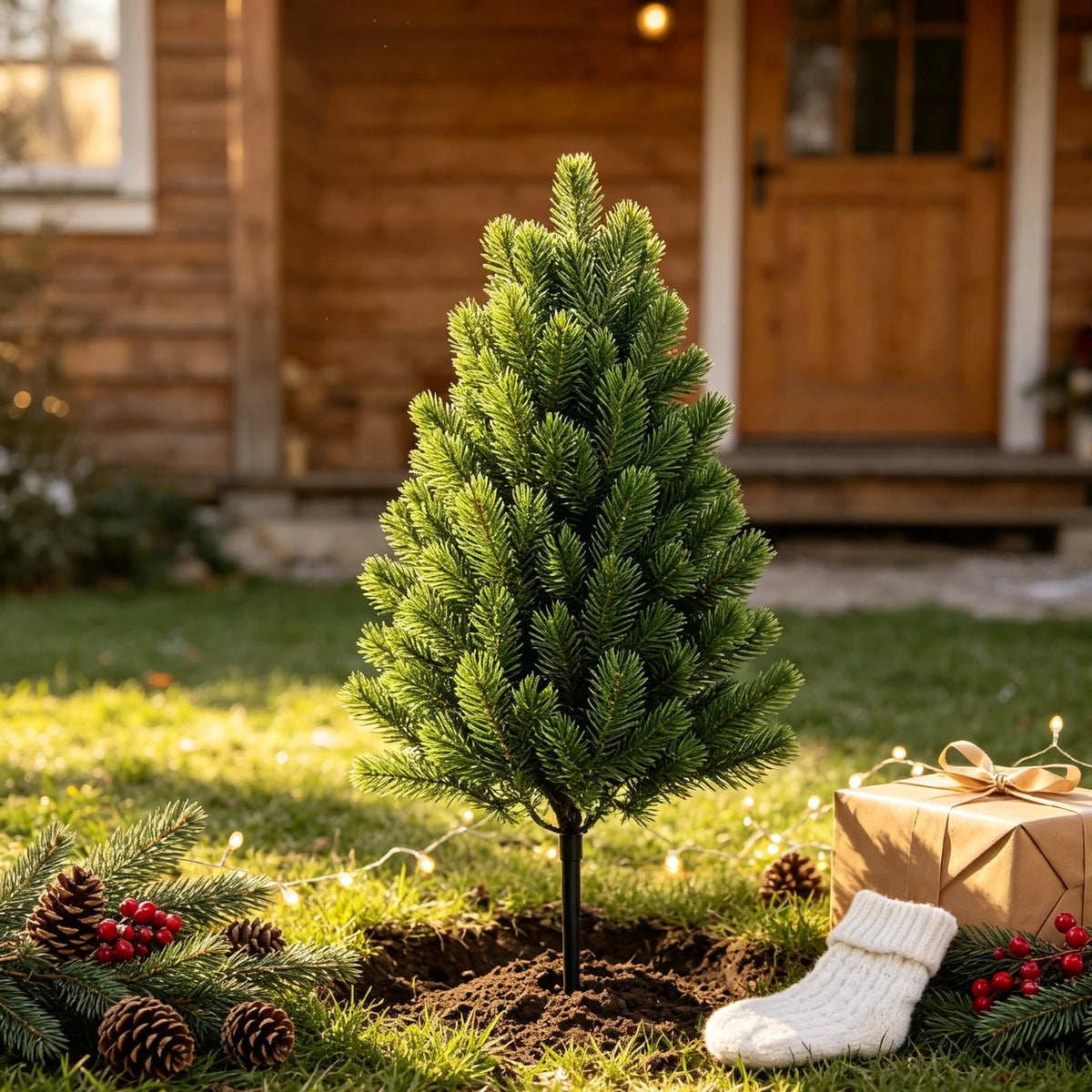 Three artificial pine tree wall stakes planted in soil with pine cones and holiday greenery.