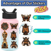 A pink bottle with a black cap featuring various decorative stickers and text about the advantages of the stickers.
