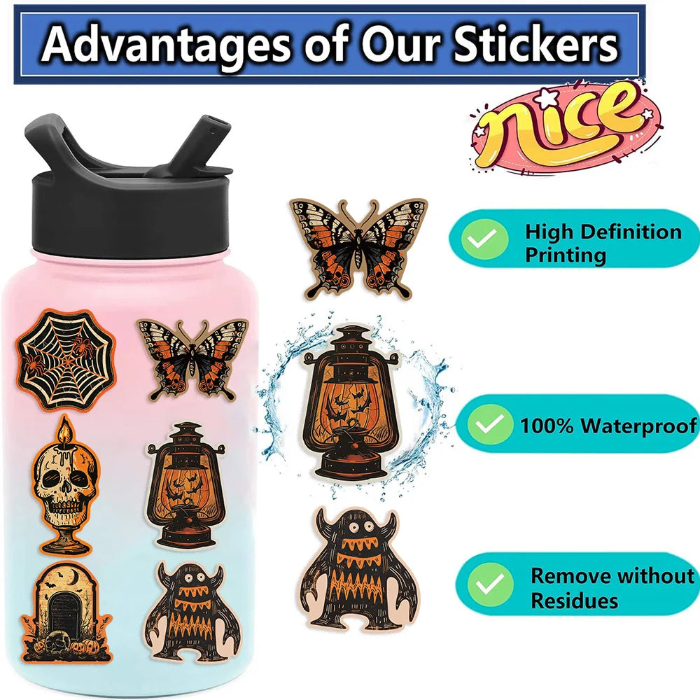 A pink bottle with a black cap featuring various decorative stickers and text about the advantages of the stickers.