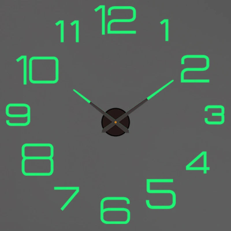 A gray clock face with bright green hour markers and a black center, showing the time is approximately 12:00.