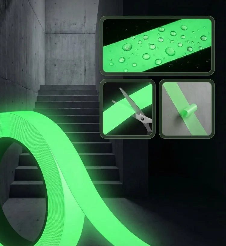 Ruban phosphorescent vert sur escaliers et objets, soulignant son usage pour la sécurité et la décoration.
