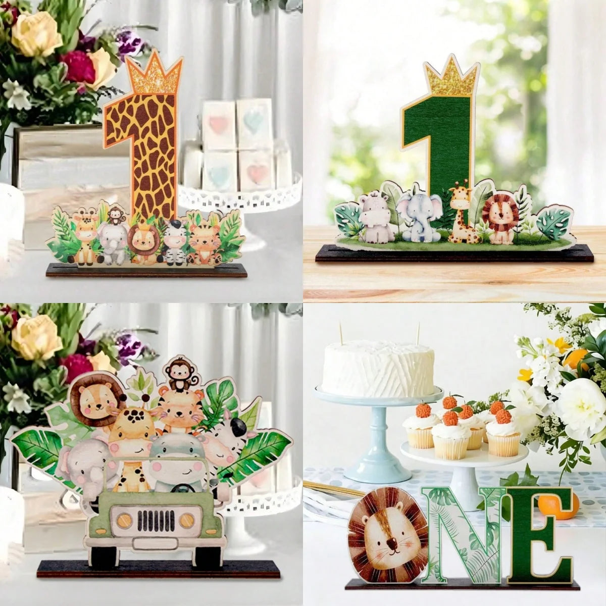 A wooden jungle animal party ornament featuring various animals and a crown, displayed on a white stand.