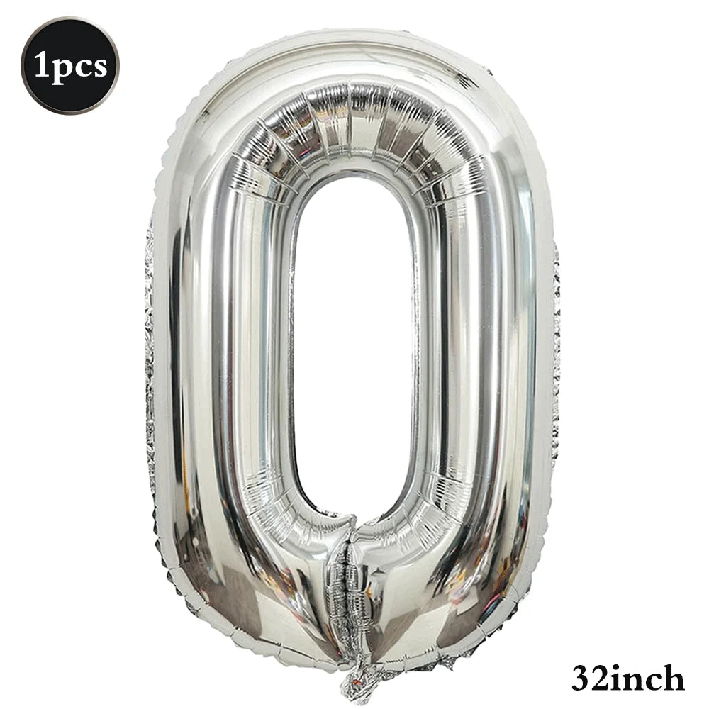 Silver foil number balloon shaped like the digit zero, measuring 32 inches.