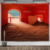 A large tapestry featuring a desert landscape with orange and red tones, titled Tame Impala The Slow Rush.