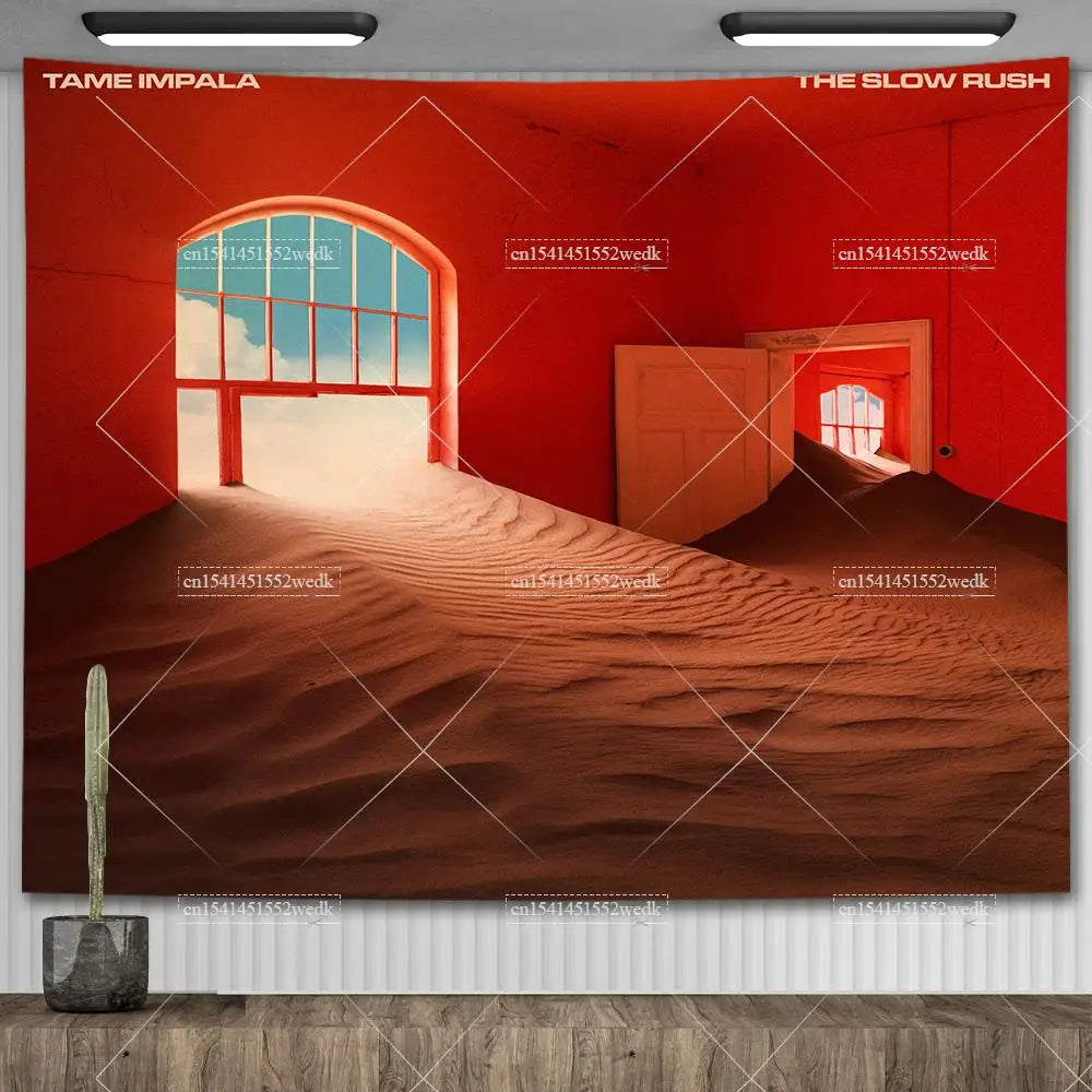 A large tapestry featuring a desert landscape with orange and red tones, titled Tame Impala The Slow Rush.