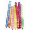 A vertical arrangement of colorful latex rocket balloons in shades of blue, pink, yellow, and green.