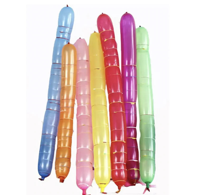 A vertical arrangement of colorful latex rocket balloons in shades of blue, pink, yellow, and green.