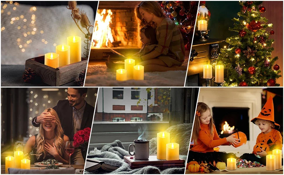 A collection of glowing LED candles in various sizes and colors arranged on a wooden box and near a fireplace.