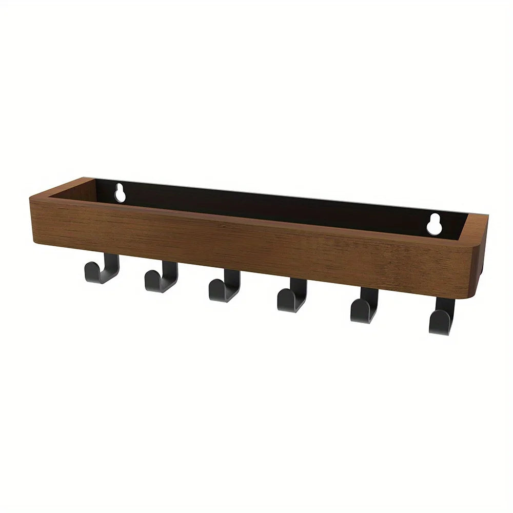 A rustic wooden floating shelf with hooks, featuring a dark brown wood plank and multiple mounting brackets.