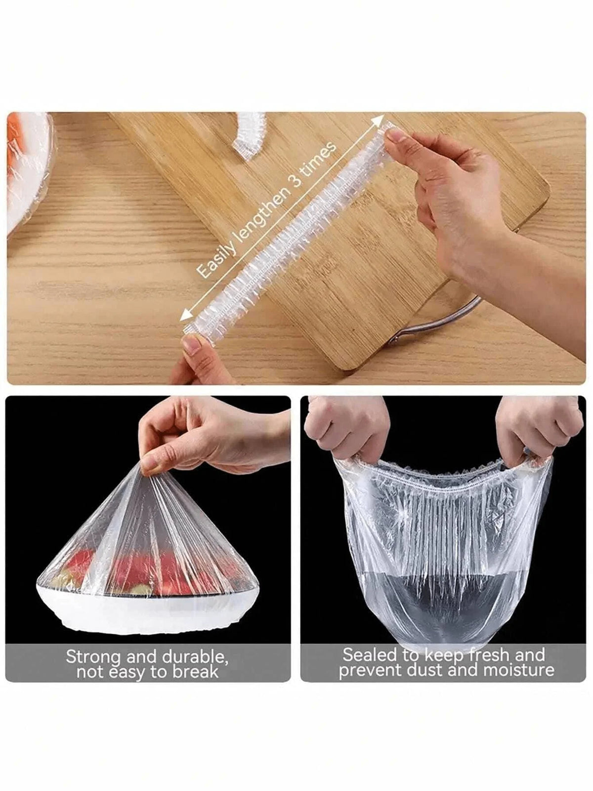 A clear elastic food cover is shown being stretched on a wooden board and sealed over a container for freshness and protectio