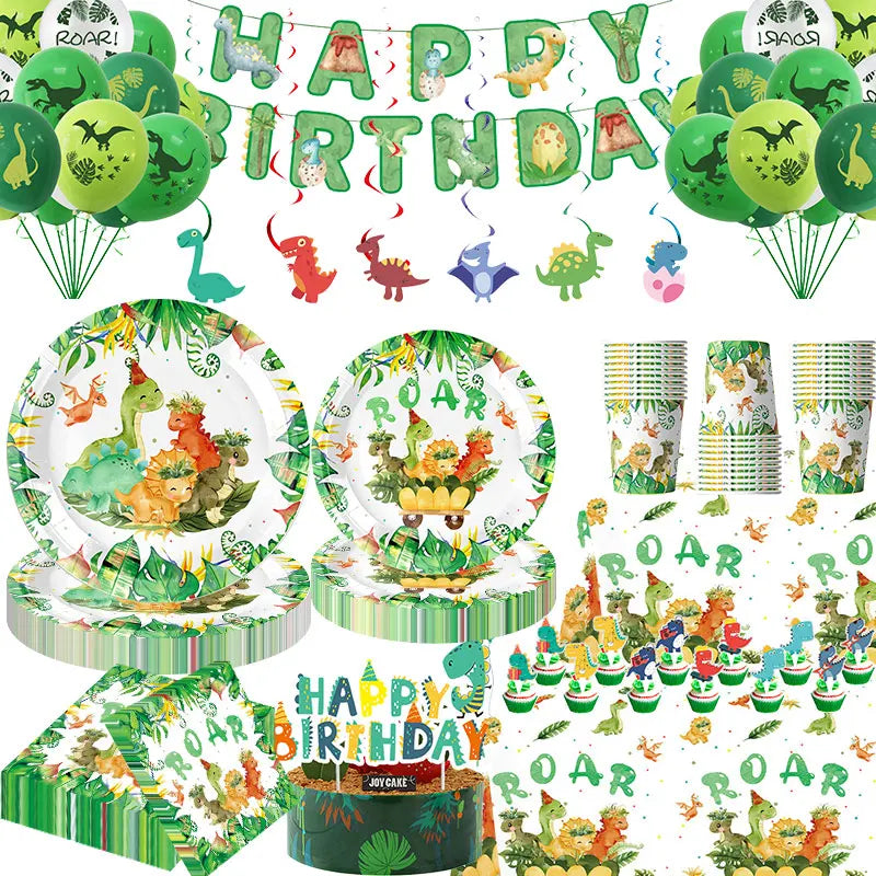 A collection of dinosaur birthday party supplies including a banner, balloons, and cake topper
