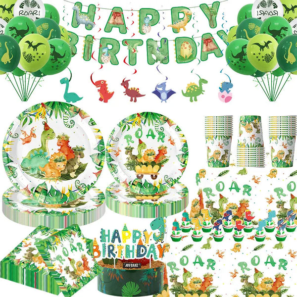 A collection of dinosaur birthday party supplies including a banner, balloons, and cake topper