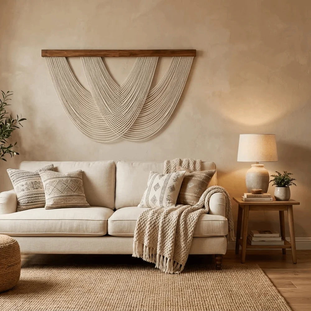 A bohemian macrame wall tapestry hangs above a light-colored sofa in a warmly lit living room.