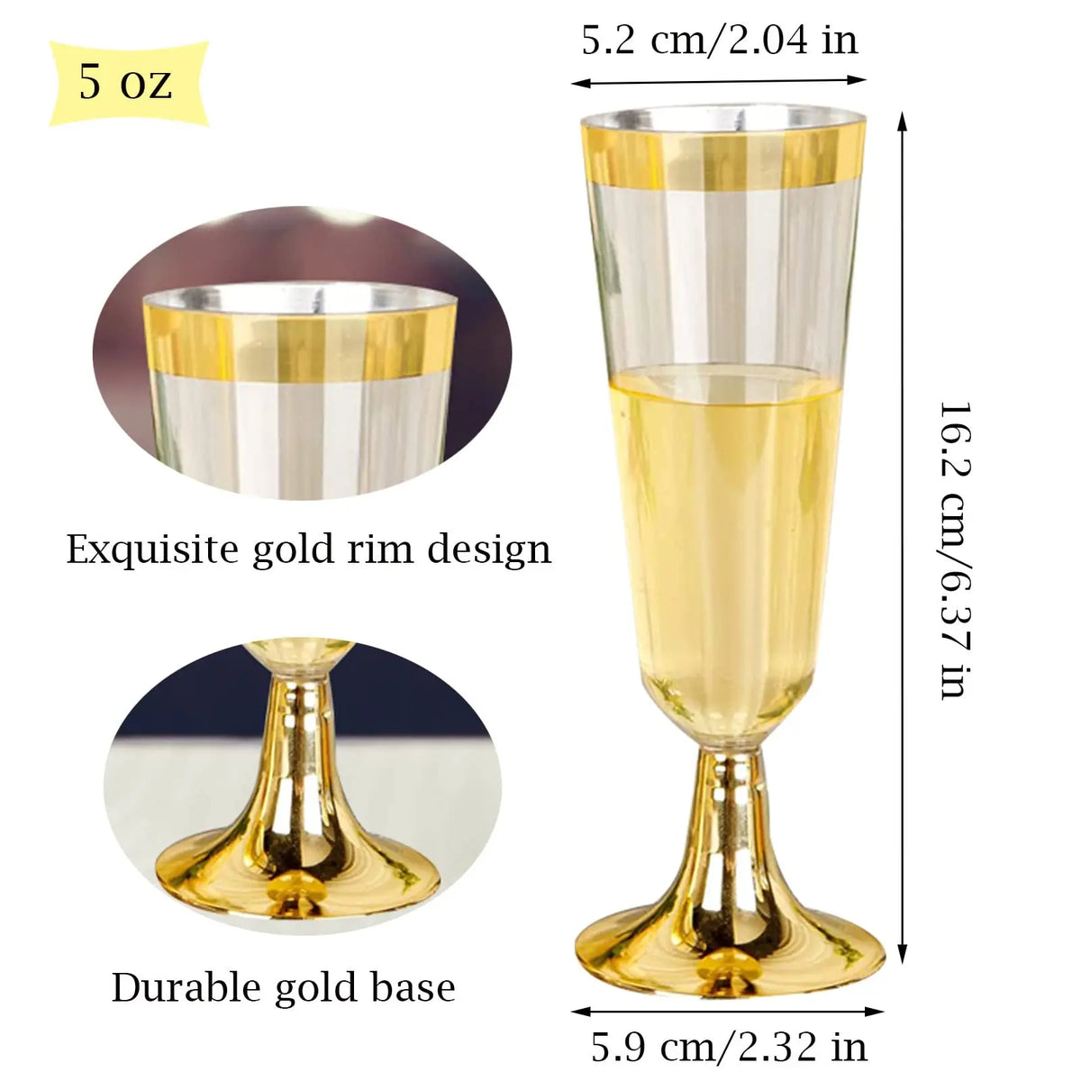 A tall, elegant plastic champagne flute with a gold rim and base, shown next to its dimensions.