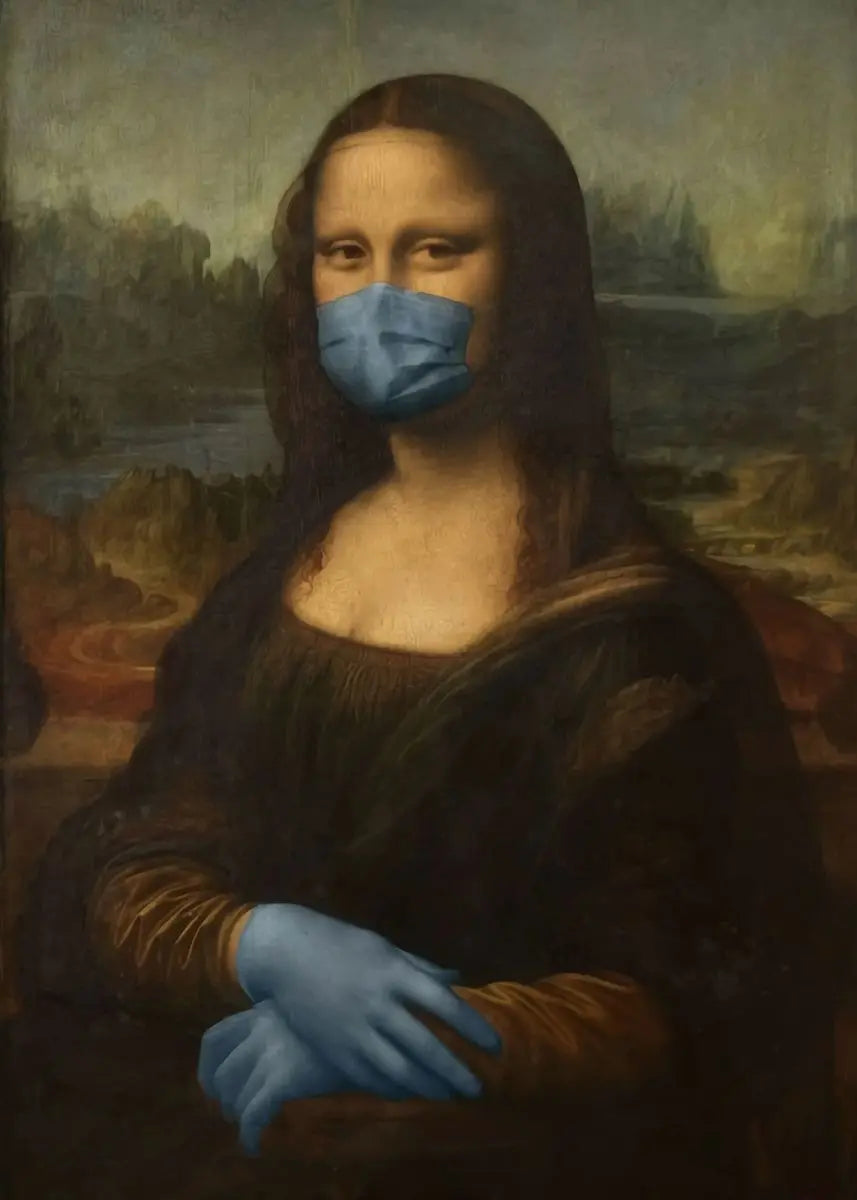 Pintura de una mujer con cabello castaño largo, usando una mascarilla médica azul y una prenda oscura.