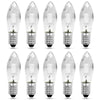 A set of clear E10 LED candle bulbs for string lights and decorative fixtures shown in various orientations.