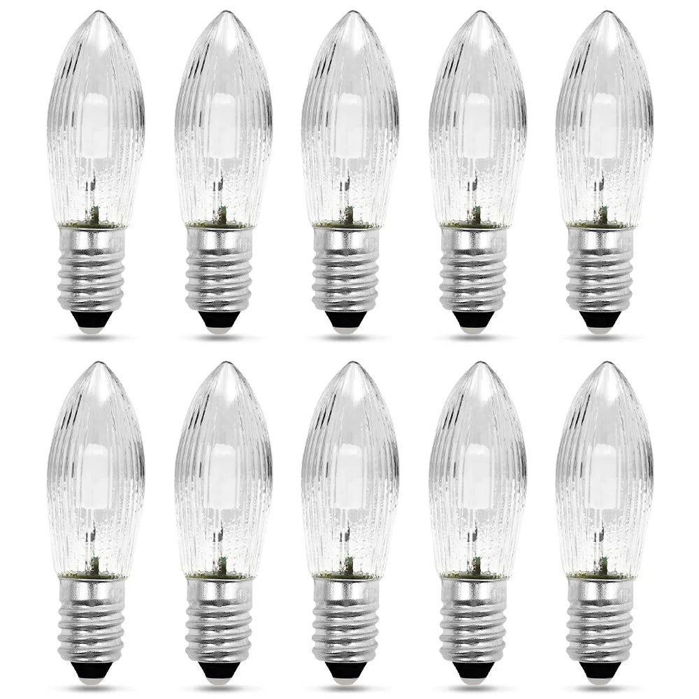 A set of clear E10 LED candle bulbs for string lights and decorative fixtures shown in various orientations.