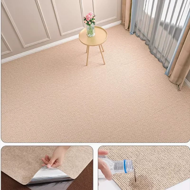 Close-up view of a self-adhesive solid color runner rug being applied to a wooden surface.