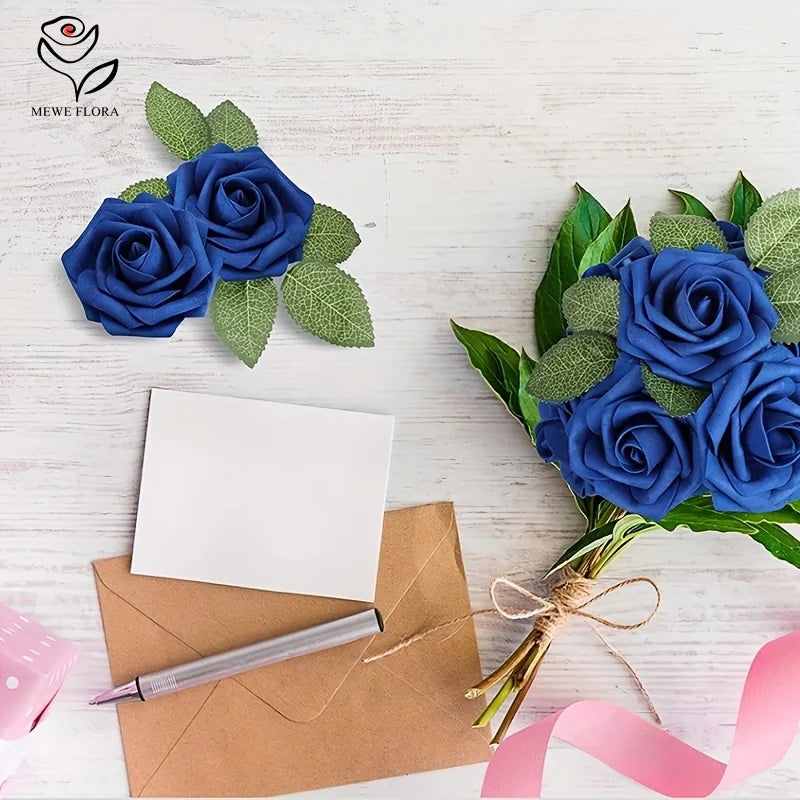 A bouquet of three artificial blue roses with green leaves and stems on a light wooden surface.